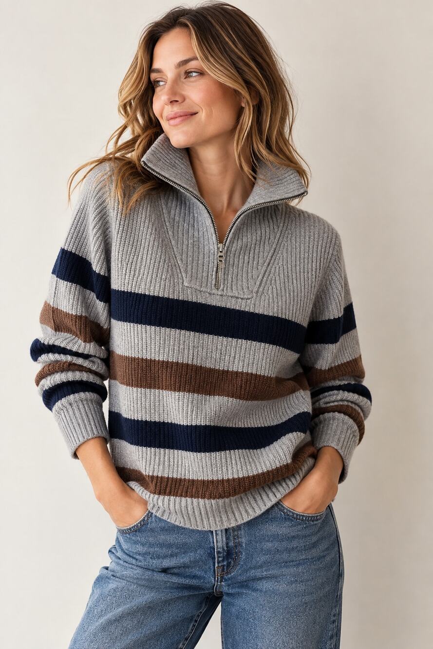 Kule Morgan Quarter Zip Sweater Wool Cashmere Striped Grey Navy Brown Size XS
